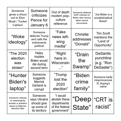GOP Debate 23/8/2023 Bingo Card