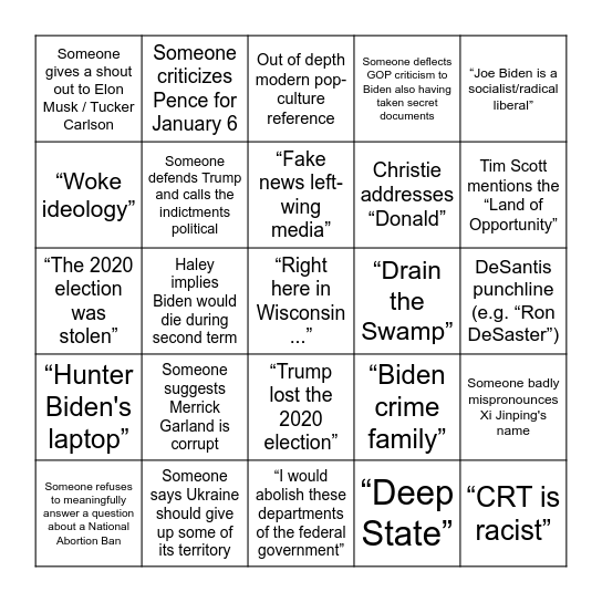 GOP Debate 23/8/2023 Bingo Card