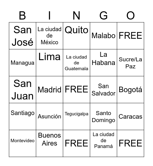 Spanish capitals Bingo Card