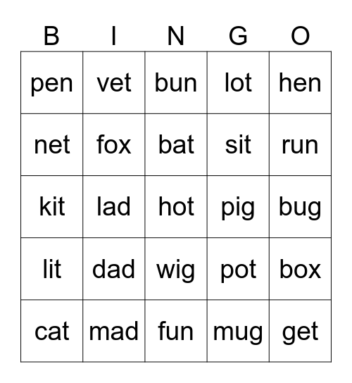 Phonics Bingo Card