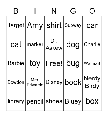 Common vs. Proper Nouns Bingo Card