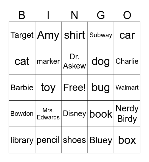 Common vs. Proper Nouns Bingo Card