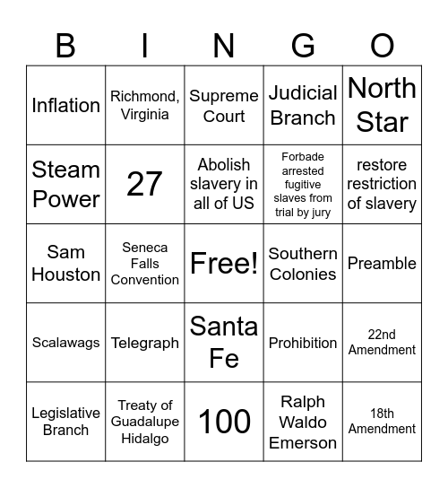 U.S. History 4-7 Test Review 4 Bingo Card