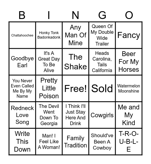 Country Mix Bingo Card