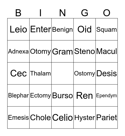 Amber's Medical Terms Bingo Card