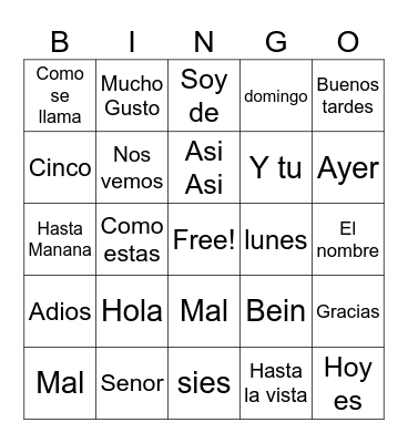 Spanish Vocab Bingo Card