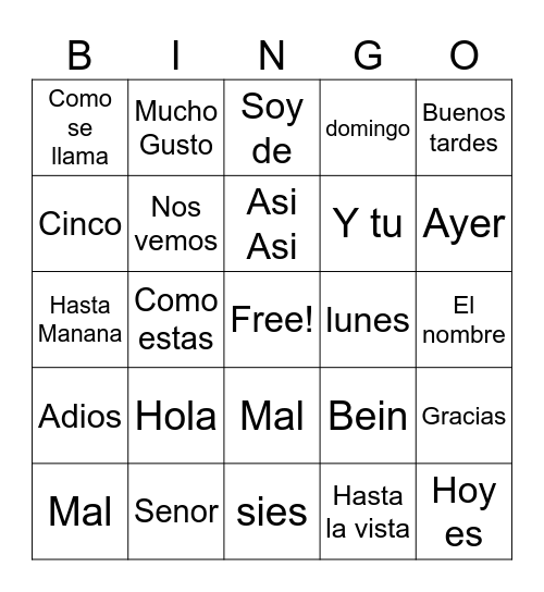 Spanish Vocab Bingo Card