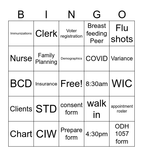 Clerical Bingo Card