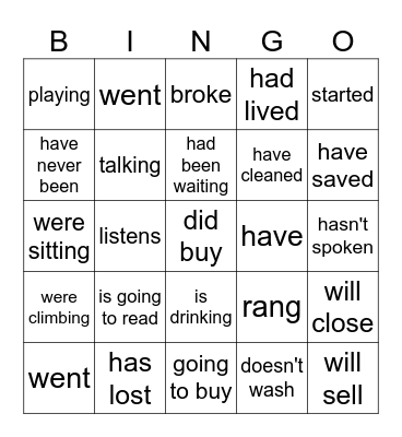 Tenses: Verbs Bingo Card