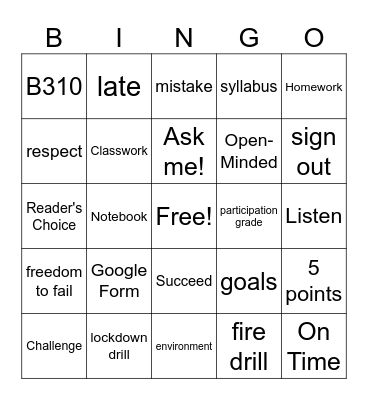 Class Expectations BINGO Card