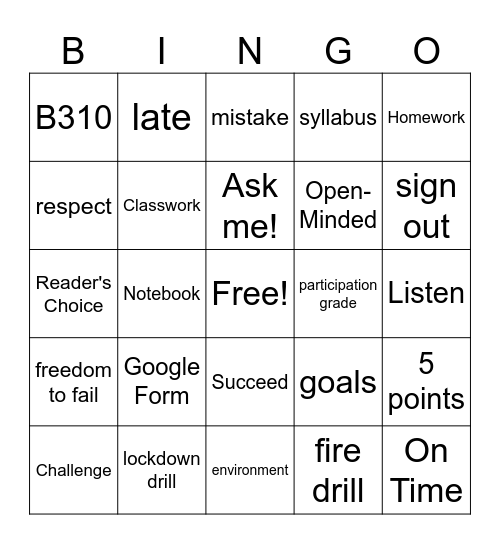 Class Expectations BINGO Card