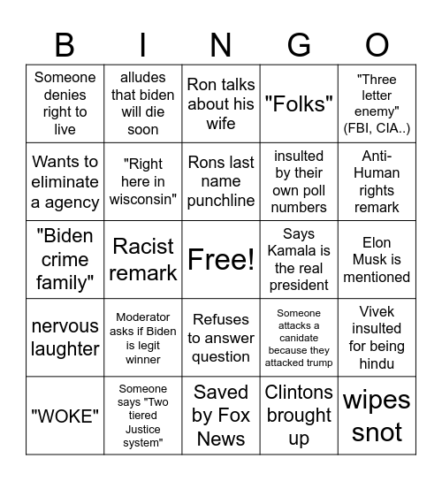 First Republican Debate Bingo Card Bingo Card