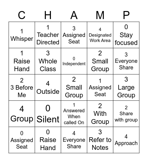 CHAMPS BINGO Card