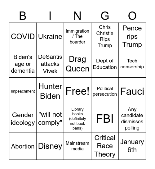 GOP Clown Car Debate Bingo Card