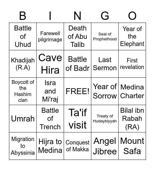 Life of Prophet Muhammad Bingo Card