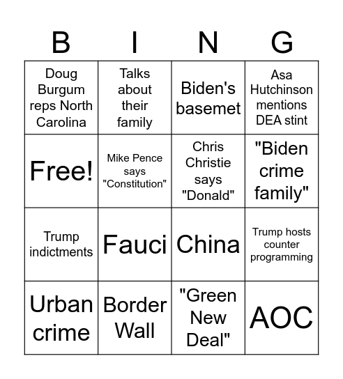 Republican Presidential Debate 8/23/2023 Bingo Card