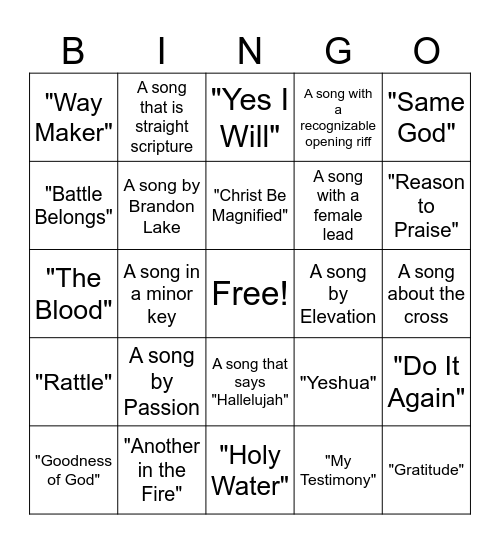 Worship Band Bingo Card