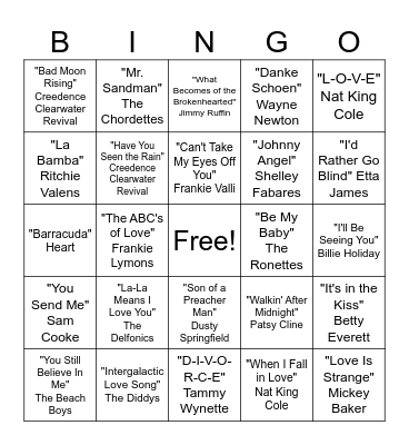 Oldies Artists Bingo Card
