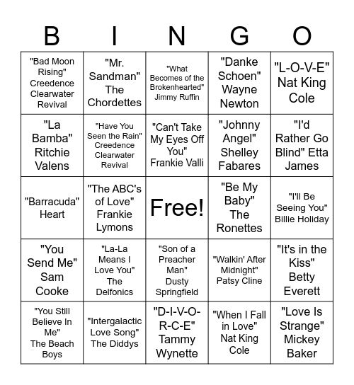 Oldies Artists Bingo Card