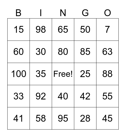 10 More 10 Less Bingo Card