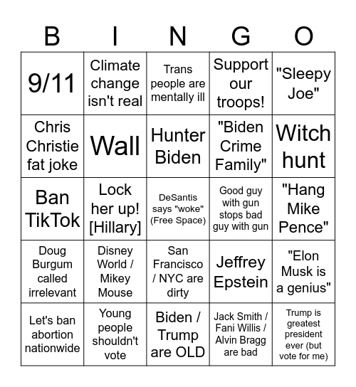 GOP Debate 2024 Bingo Card