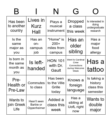 Honors 101 Bingo Card