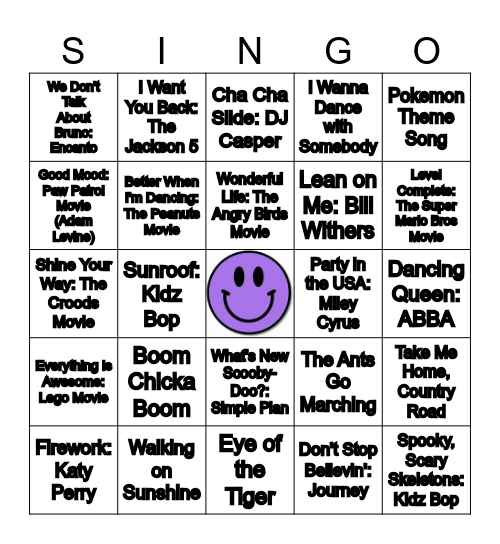 Family Singo Bingo Card