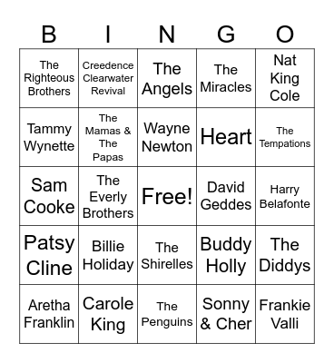 Oldies Artists Only Bingo Card
