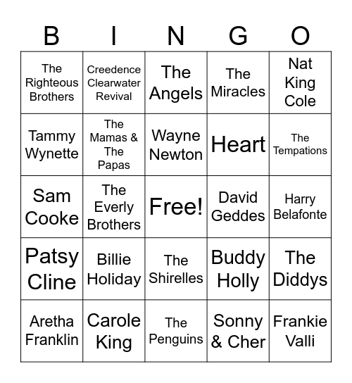 Oldies Artists Only Bingo Card