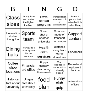 College Tour Bingo Card