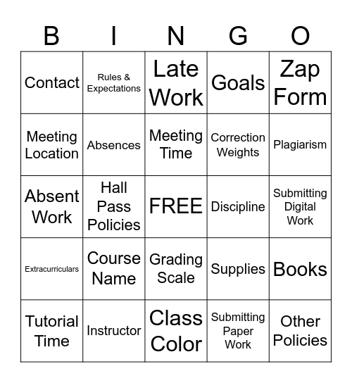 Syllabus Bingo! Bingo Card