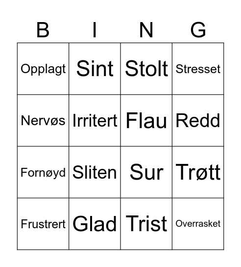 Følelser Bingo Card