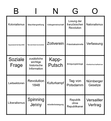 Geschichtsvorwissenbingo Card