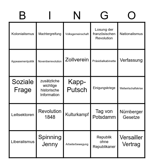 Geschichtsvorwissenbingo Card