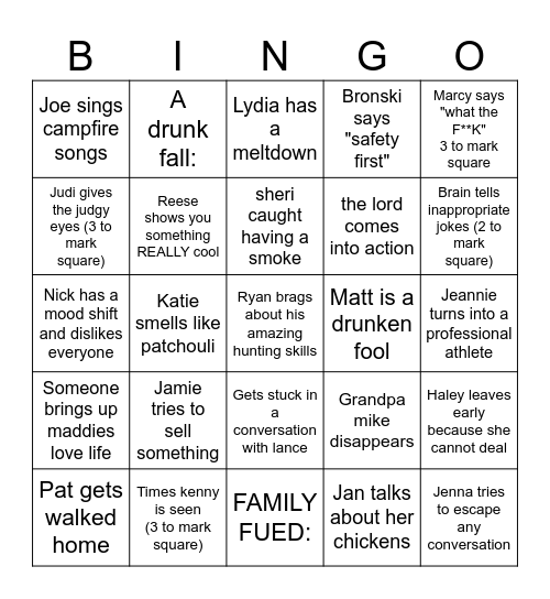 Swift Family Dysfunctional Bingo Card