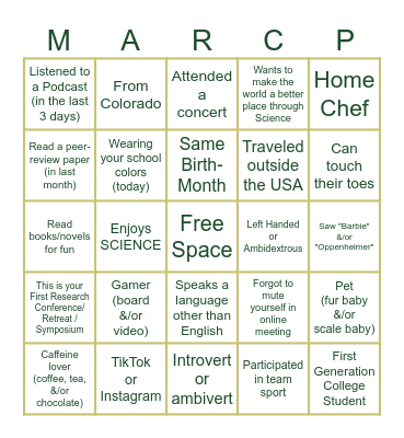 Colorado MARC Research Program Retreat Bingo Card