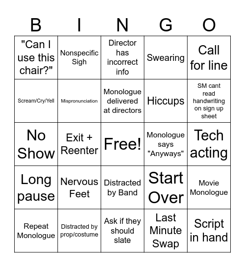 Audition Bingo Card