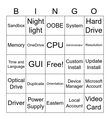 Windows Intro Bingo Card