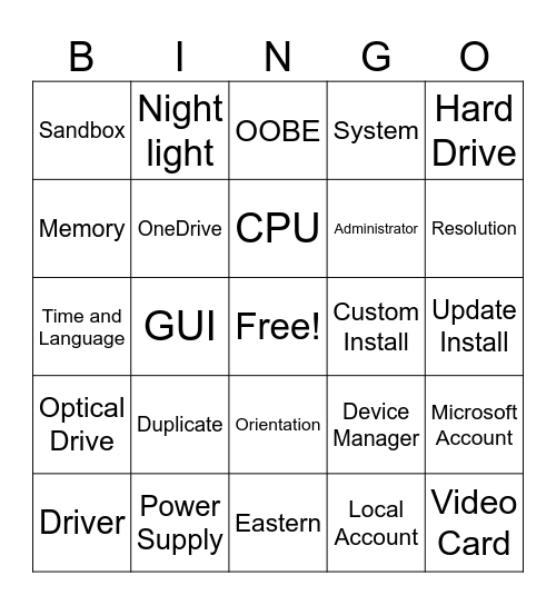 Windows Intro Bingo Card