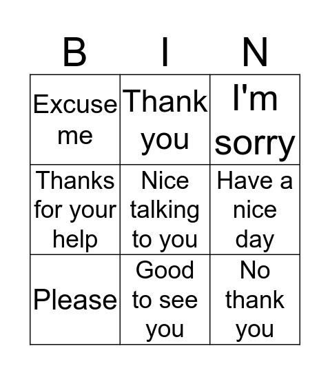 Manners Words Bingo Card