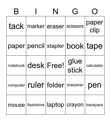 School Bingo Card