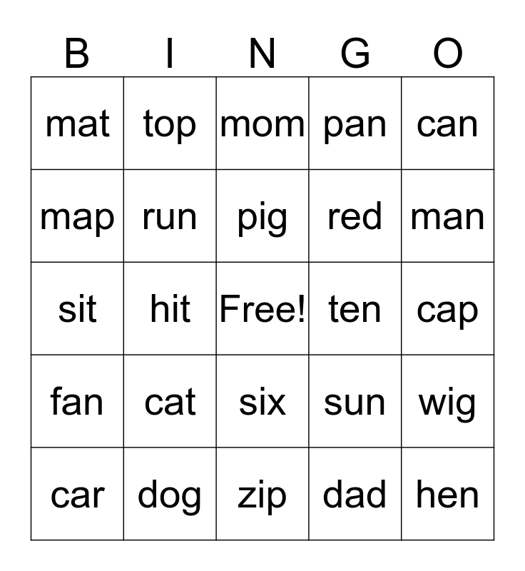CVC words Bingo Card