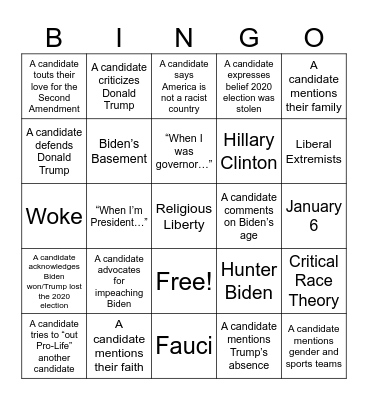 Republican Primary Debate Bingo Card