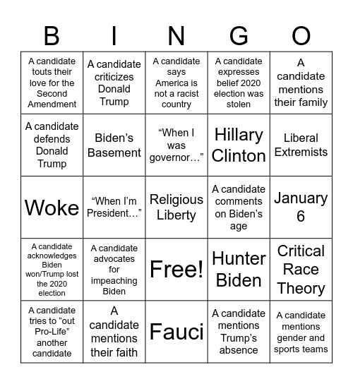 Republican Primary Debate Bingo Card