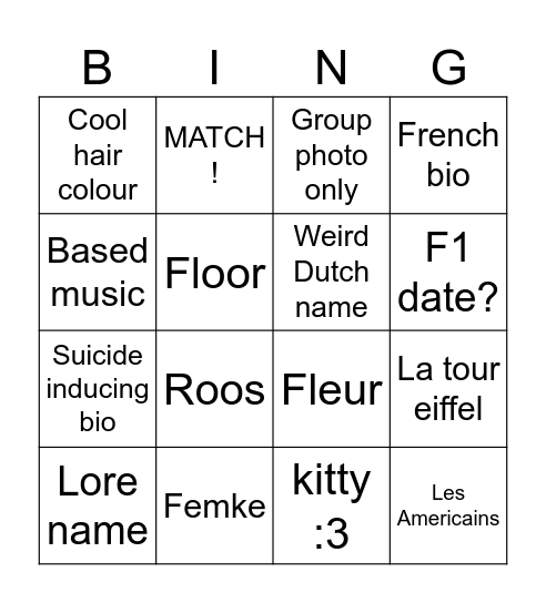 Tinder Bingo Card