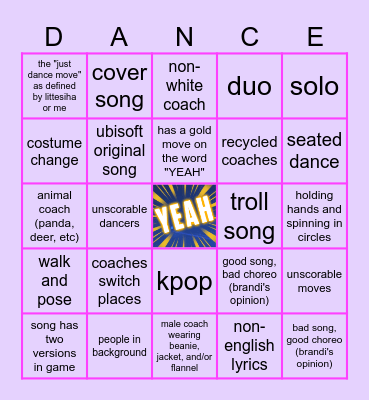 Just Dance Bingo Card