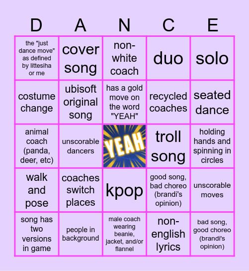 Just Dance Bingo Card