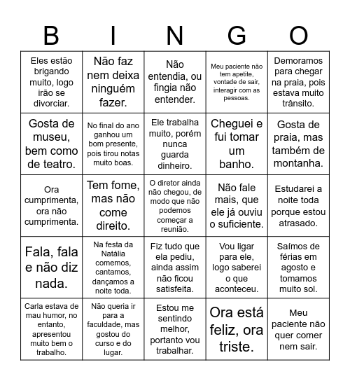 Orações Coordenadas Bingo Card