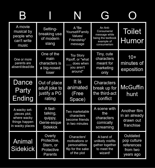 Modern Animated Film Bingo Card