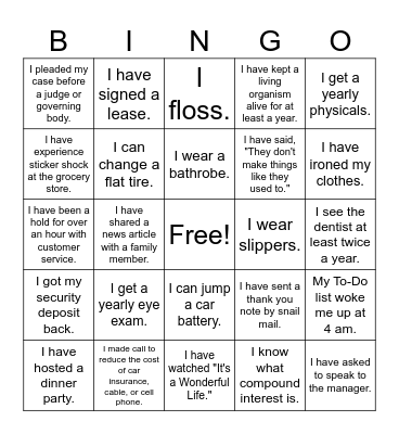 Adulting Bingo Card